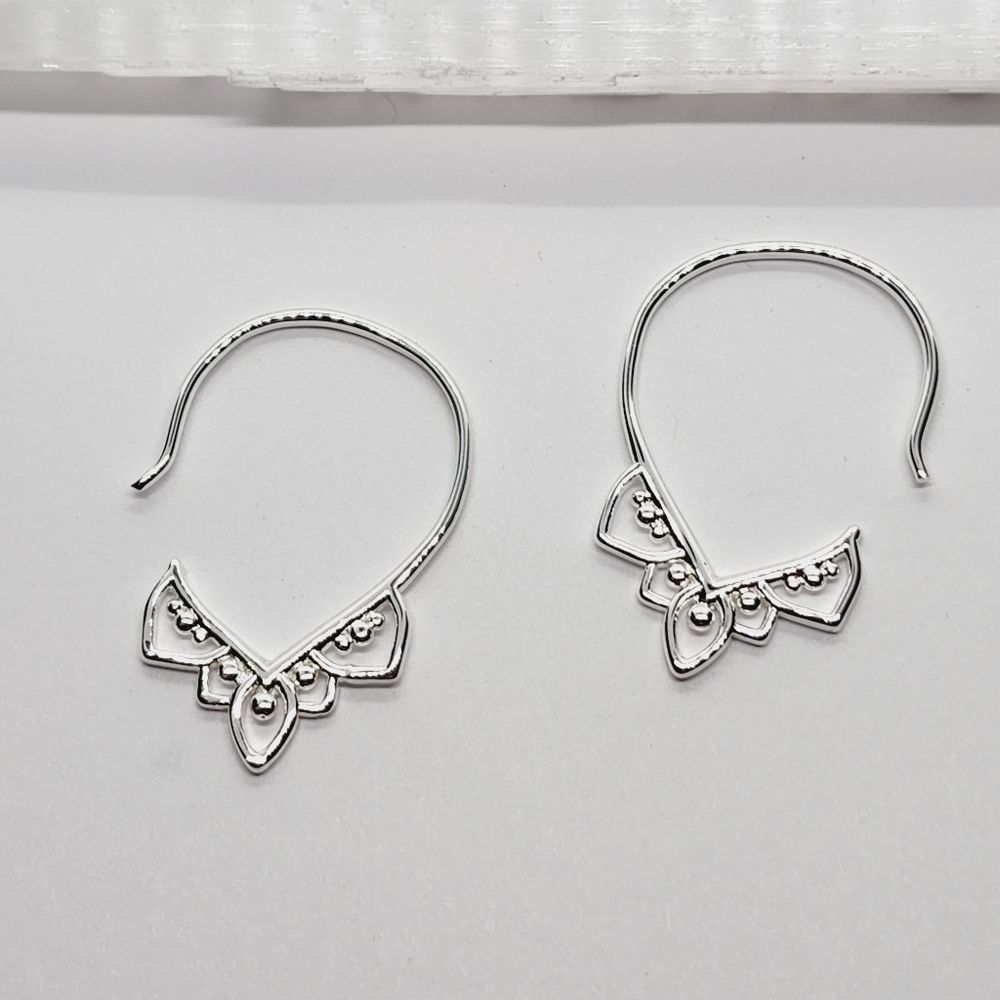 Mandala Yogi Tribal Boho Earrings Hoop Silver Toned 1.25"